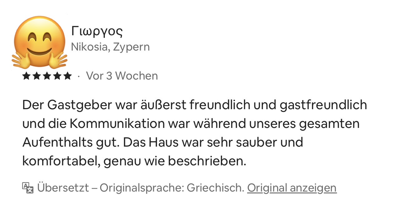 Fünf-Sterne-Bewertung von Giorgos für Romeos Unterkunft und Gastfreundschaft
