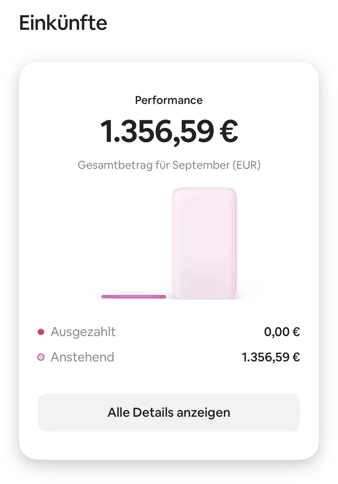 Airbnb Performance September 2026: 1.356,59 € Gesamtbetrag, davon 1.356,59 € anstehend