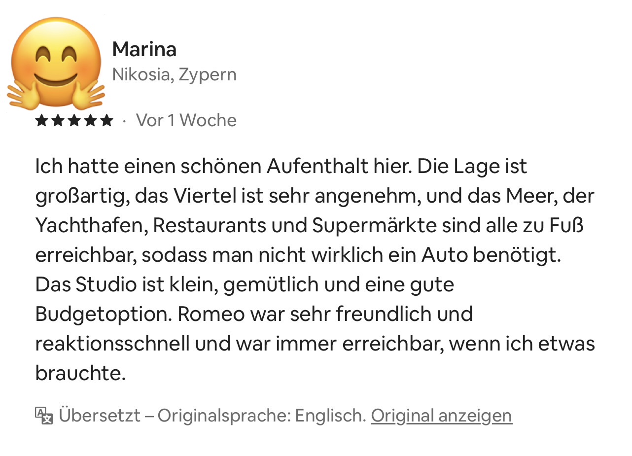 Fünf-Sterne-Bewertung von Marina für Romeos Unterkunft und Kommunikation