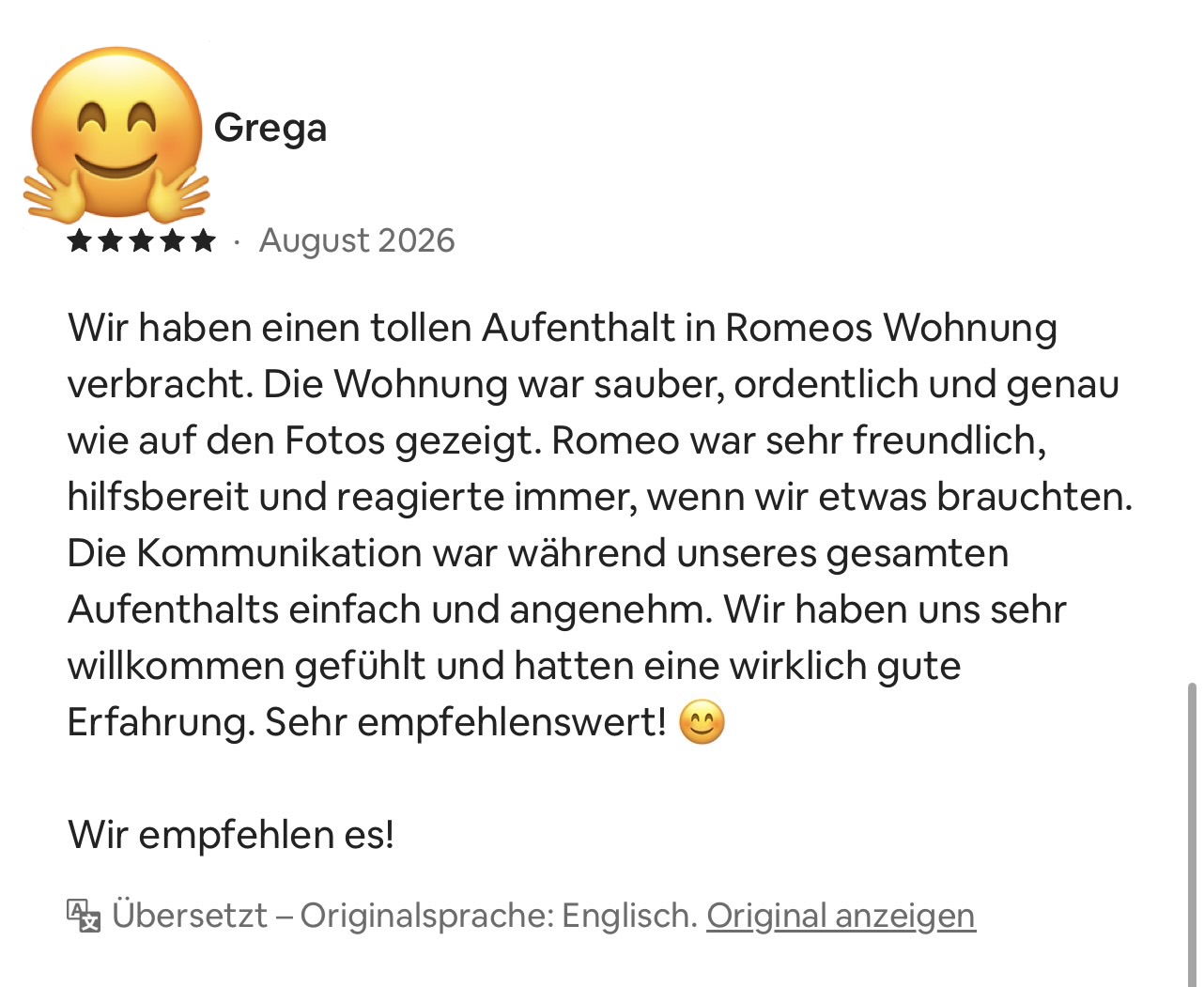 Fünf-Sterne-Bewertung von Grega für Romeos Wohnung und Kommunikation