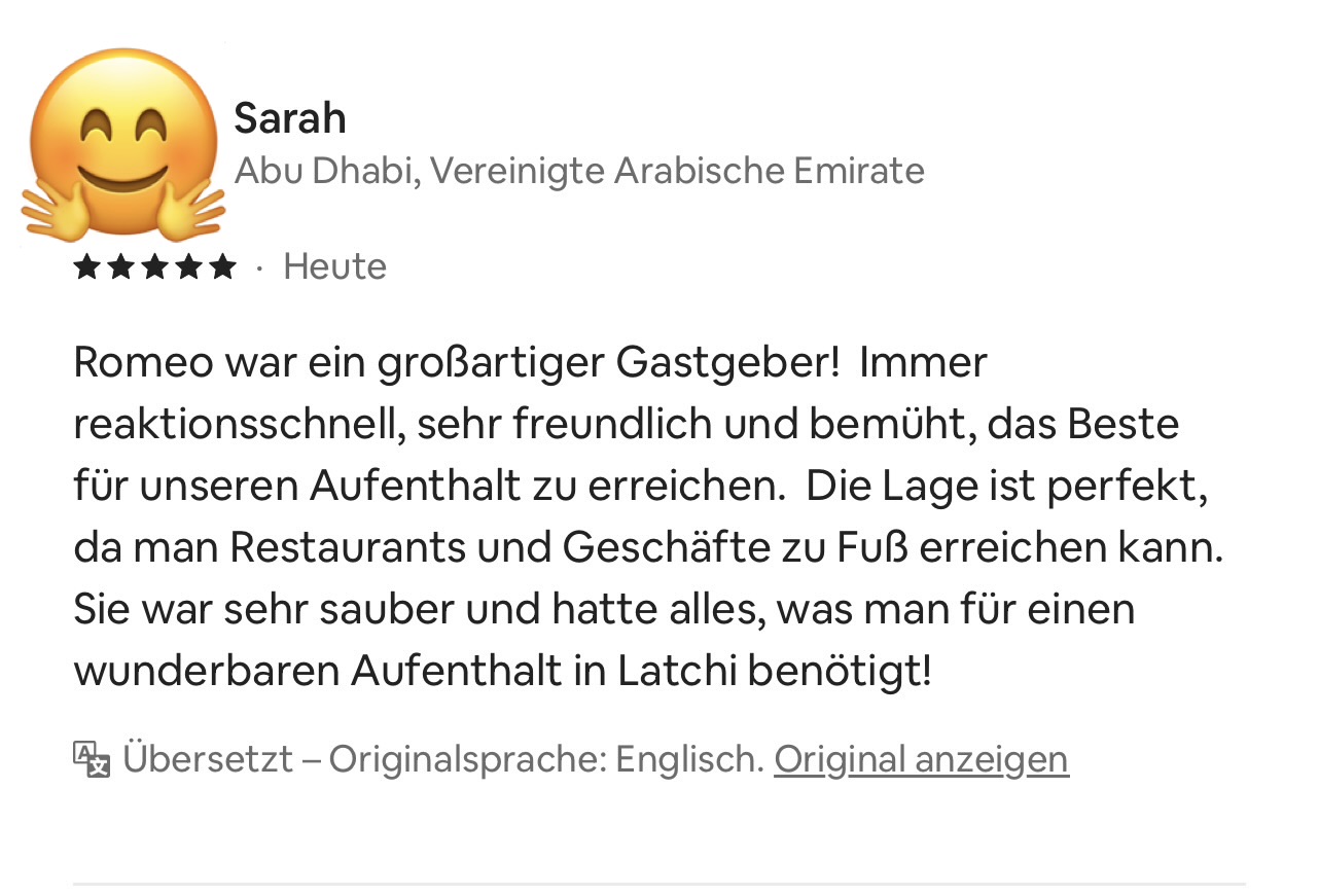 Fünf-Sterne-Bewertung von Sarah für Romeos Unterkunft und Gastfreundschaft