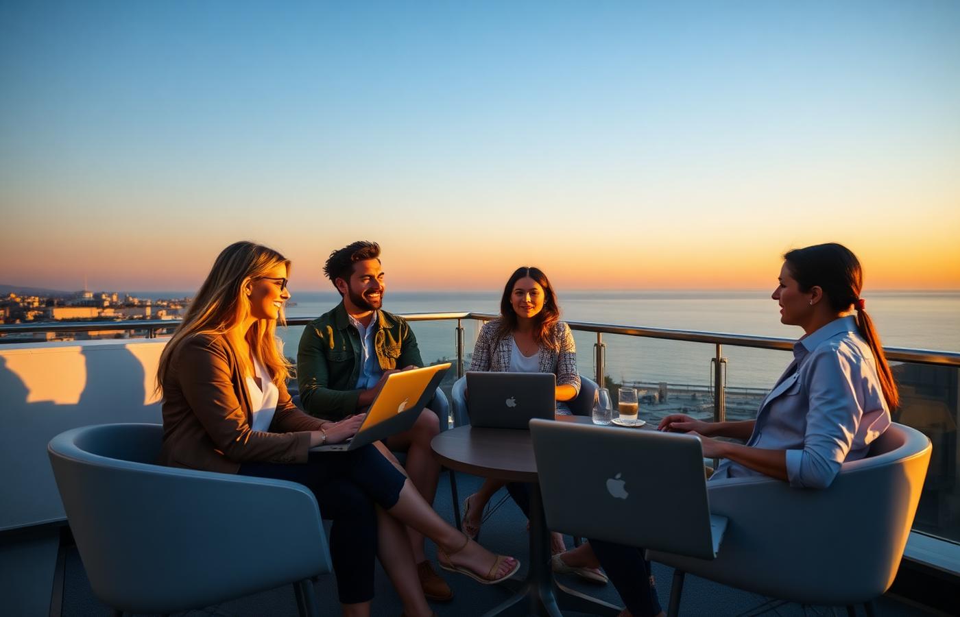 Community-Treffen auf einer Dachterrasse am Meer